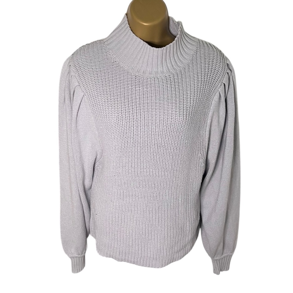 Prologue Puff Sleeve Mock Neck Sweater Ribbed Knit Dusty Lavender L
